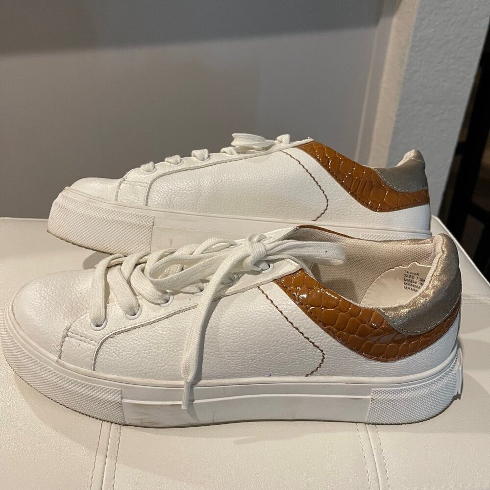 Matisse White Platform Sneakers with Cognac Croc Heel Accent